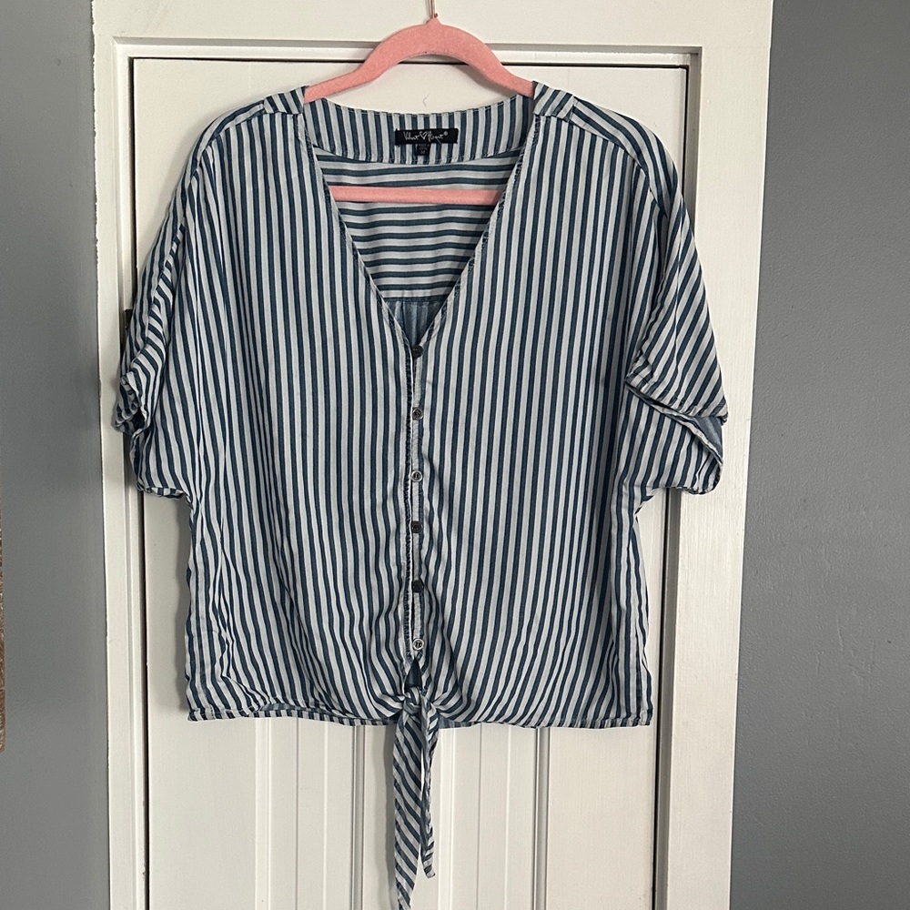 Velvet Heart Blue and White Striped Button Down Tie Front Top